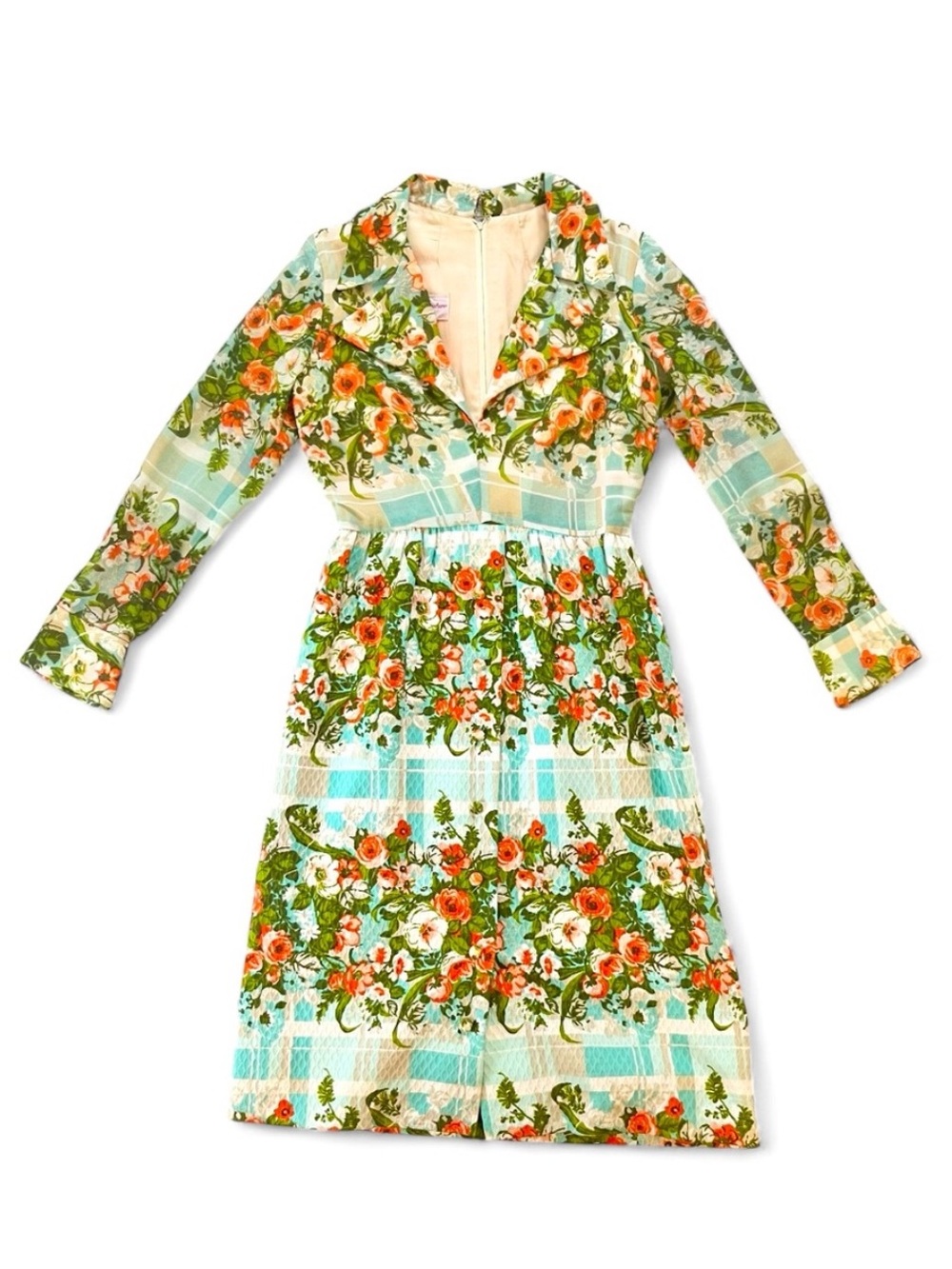 Vintage 70s Futura Couture Floral Midi Fit Flare Collar Long Sleeved Dress 10
